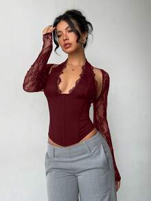 Aloruh 女款新款浪漫優雅迷人性感蕾絲拼接修身鏤空長袖上衣，適合約會、派對、外出 - 酒紅色 - 查看 6