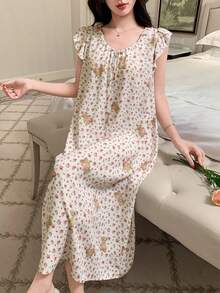 DAZY 花卉泰迪熊印花荷叶边宽松女士睡裙 - 白色 - 查看 3