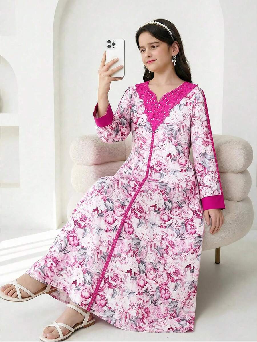 Tween Girls Elegant Floral Print Dress - Multicolor - View 1