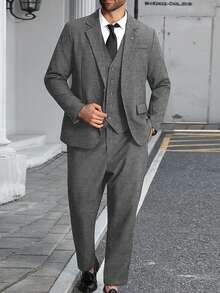 Manfinity Mode Plus Size Men's Lapel NeckLong Sleeve Jacket, Single-Breasted Vest And Pants Business Suit Set