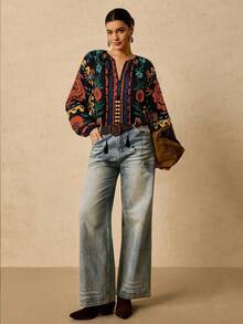 Travachic 加大码女式黑色热带植物印花长袖衬衫，V领流苏抽绳图案上衣，适合春夏假期海滩休闲穿着。 - 彩色 - 查看 5