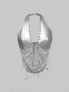 ROMWE Grunge Punk Y2K Rave Music Festival Metal Cross Pendant PU Patchwork Fishnet Beaded Halter Backless Women Tank Top