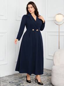Modelyn Đầm công sở hai hàng cúc màu trơn thanh lịch cỡ lớn - Màu xanh hải quân - Xem 3