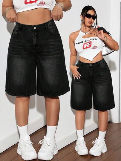 SHEIN ICON 蓝色加大码牛仔短裤 街头性感宽松裤 Y2k 斜插口袋牛仔七分裤