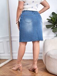 EMERY ROSE Minifalda de mezclilla casual con cintura elástica y bolsillos para mujer de talla grande - Azul lavado medio - Ver 2