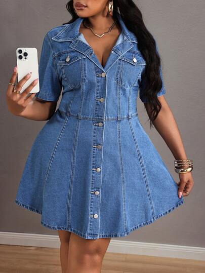 Slaydiva 大码女式短袖迷你牛仔连衣裙，春季穿搭