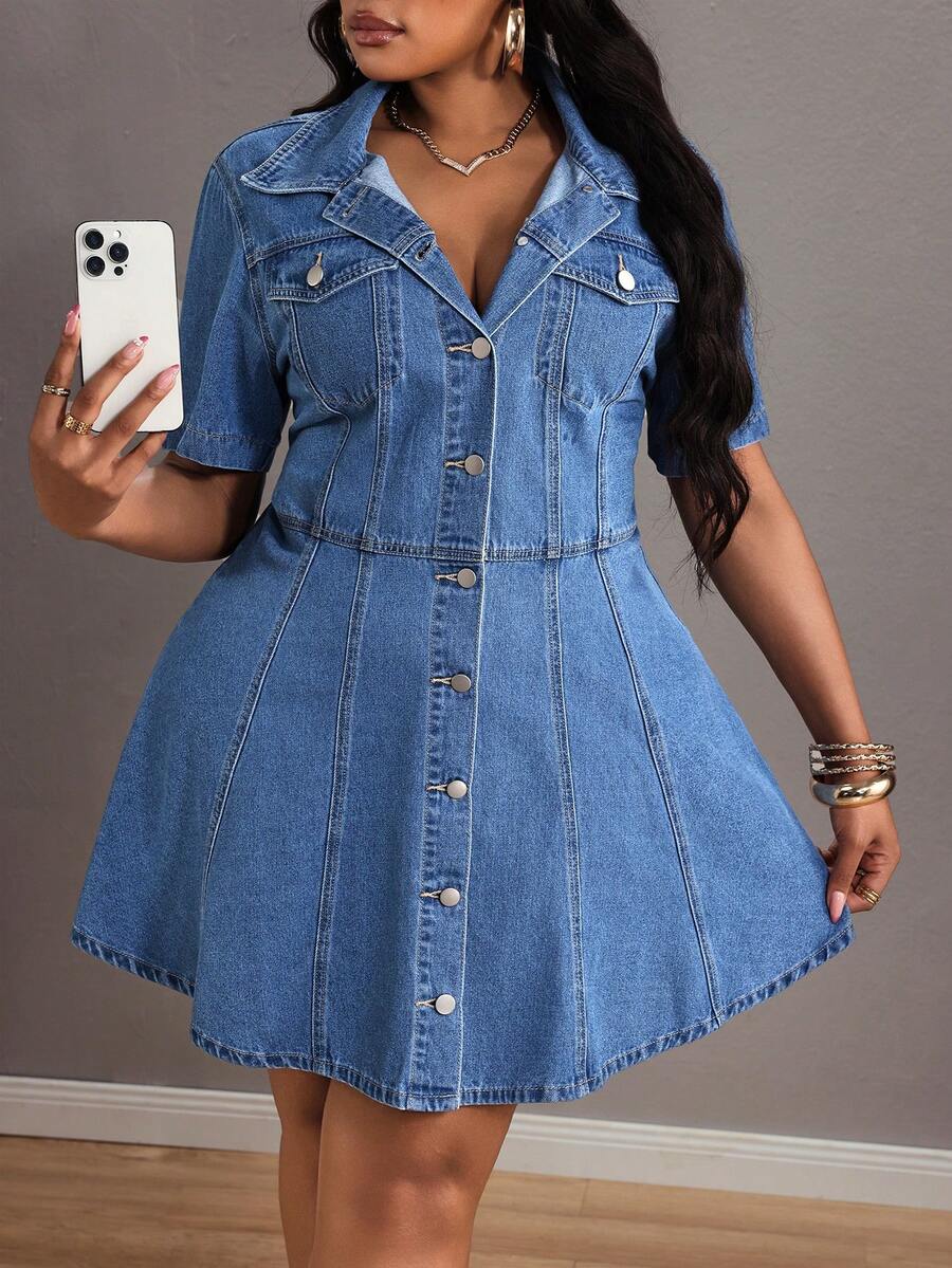 Slaydiva Plus Size Women's Short Sleeve Mini Denim Dress, Spring Outfits - Medium Wash - View 1