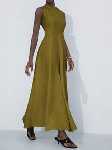 Aveloria Modichic Elegante vestido maxi de línea A con cuello redondo sin mangas, hombros asimétricos, cintura ceñida y volantes plisados exagerados para mujeres - Verde Oliva - Ver 3