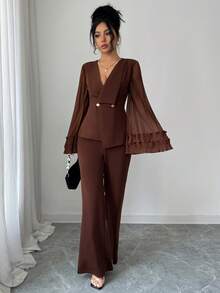 Elenzga Bộ vest công sở thanh lịch, lãng mạn, tối giản dành cho nữ, gồm áo blazer tay dài xếp ly, viền bèo nhún, cài hai hàng khuy bất đối xứng và quần ống đứng. - Cà phê nâu - Xem 4