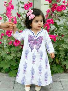 Halat de rugăciune violet Ahlam, rochie cu mânecă lungă, imprimeu cu funde, rochie arabă tradițională lejeră, casual, cu decolteu în V, pentru fetițe, potrivită pentru primăvară și vară, rochie elegantă cu mânecă lungă, halat de rugăciune pentru fetițe, ușor și confortabil, ținută casual, halat demn Abaya pentru fetițe, Jalabiya - Multicolor - Vizualizare 3
