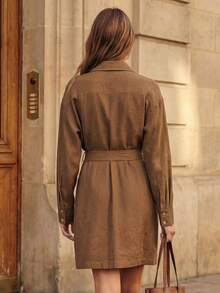 EMERY ROSE Women's Elegent Autumn Shades Of Brown Long Sleeve Shirt Dress,Everyday Solid V-Neck Button Front Cargo Pocket Belted Waist Metal D-Ring Short Dress - Brown - View 2