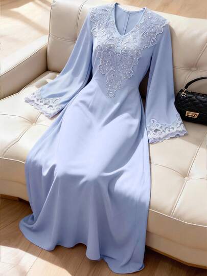Al Najma Solid Color V-Neck Loose Embroidered Collar Elegant Long Sleeve Flared Dress For Women