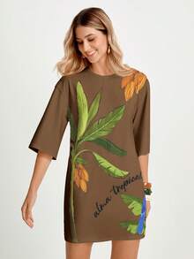 CAJUNI Đầm nữ dáng rộng cổ tròn tay ngắn in họa tiết cây nhiệt đới, thích hợp mặc đi nghỉ mát. - màu nâu - Xem 10