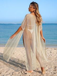 Swim Vcay Women's Lightweight, Loose, Flowing Mid-Length Swimsuit Cover-Up With Silver Thread Shimmer, Hollow Design, Suitable For Spring, Summer, Autumn - Beige - View 2