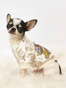 PETSIN 1件印花三只泰迪熊法兰绒卫衣，厚实保暖，适合宠物秋冬季穿着