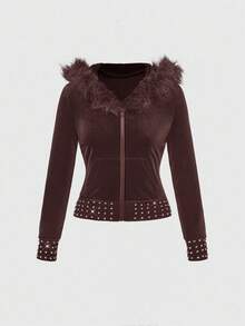 ROMWE Grunge Punk Sudadera con cremallera de terciopelo con decoración de rhinestones, ajustada para mujer, estilo Y2K - Café integral - Ver 9