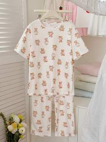 Vintaside Kids Bộ đồ thể thao mùa xuân hè cho bé gái gồm áo thun cổ tròn tay ngắn in hình gấu bông dễ thương, phối cùng quần in hình gấu bông dễ thương, thích hợp mặc ở nhà, đi mua sắm hàng ngày. - Màu be - Xem 3