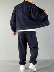 Manfinity Homme 加大码男士长袖单排扣牛仔夹克和牛仔裤休闲套装 - 深色水洗藍 - 查看 3