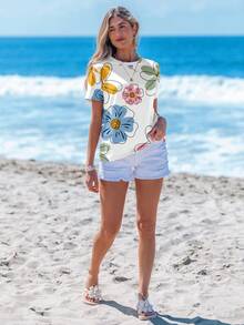 Sylviya Versatile Floral Print Casual Round Neck Short Sleeve Loose T-Shirt For Women, Spring/Summer Suitable For Going Out - Multicolor - View 3