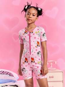 THE POWERPUFF GIRLS X SHEIN Tween Girl Cartoon Star Print Sweet Summer Breathable Short Sleeve Romper - Pink - View 6
