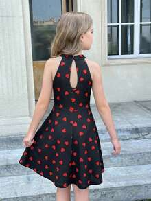 Tween Girl Casual Solid Red Mandarin Collar Sleeveless Waist Flare Dress - Multicolor - View 2