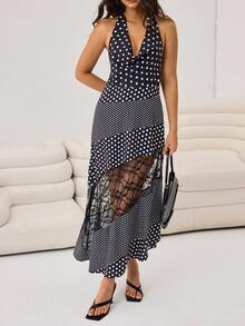 Aidyla 女士休闲街头风深V领波点撞色蕾丝中长连衣裙 - 黑與白 - 查看 4