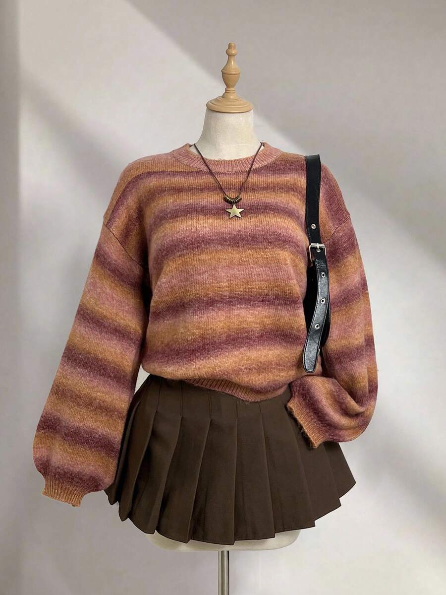 Elamini 女式圆领落肩长袖渐变色休闲时尚毛衣，秋冬