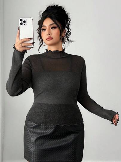 Dazy Plus Plus Size Women Shiny Fitted Turtleneck T-Shirt