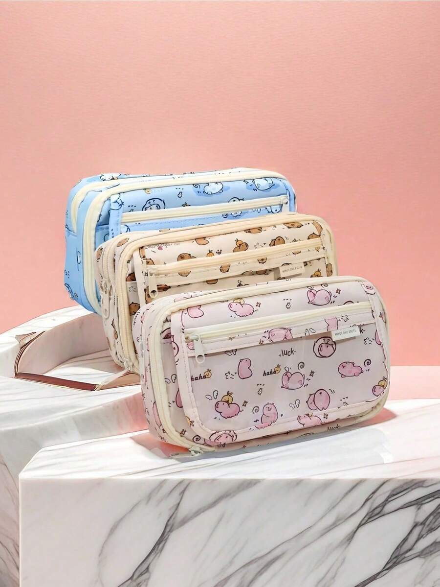 2pcs Capybara Pencil Bag, Cute Cartoon Flip, Transparent Front Multi-Pocket, Oxford Fabric Storage Bag, Large-Capacity Multi-Functional Student Stationery, Cute Multifunctional Storage Bag, Pencil Case, Cosmetic Bag For School, Stationery,Holiday Gifts, School Gifts,Back To School,School Supplies - Multicolor - View 1