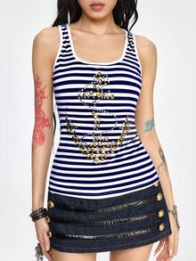 ROMWE Grunge Punk SummerY2K Vintage Navy Striped Anchor Rhinestone Decor Bodycon Tank Top - Blue and White - View 4