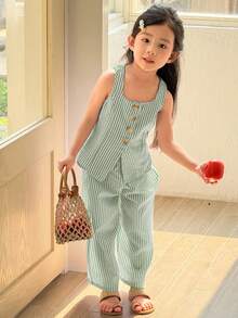 SHEIN Young Girl Casual Street Chic Commuting Fashion Striped Square Neck Sleeveless Top And Straight Leg Pants Set - Green - View 4