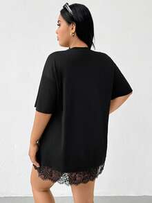 Shapeblank 大码女装春夏时尚休闲宽松舒适日常百搭显瘦黑色蕾丝边短袖长款T恤，外出上衣，简约风格 - 黑色 - 查看 7