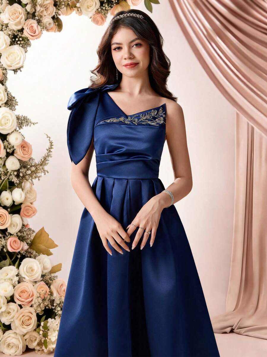 Pitira Teen Girl Navy Blue Embroidered Elegant Woven Dress Girls Royal Blue Dress Elegant Navy Blue Dress Blue Party Dress Royal Blue Formal Dress Bridesmaid Blue Dress - Navy Blue - View 1