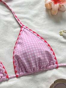 Bonvoyette Completo da spiaggia da donna, con motivo floreale, bordi a contrasto di colore, bikini casual alla moda, sexy e dolce con top a canotta - Rosa - Visualizzare 6