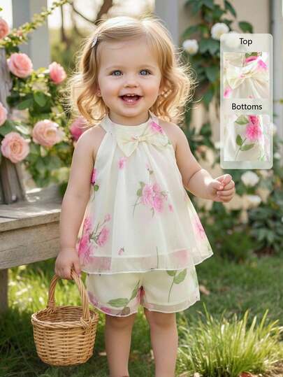 Souflis 两件套女婴碎花雪纺蝴蝶结装饰无袖吊带上衣+松紧腰短裤套装，可爱甜美，黄色，带衬里，适合夏季休闲外出、旅行、海滩、摄影