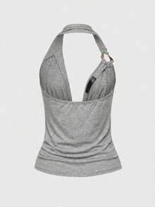 ROMWE Grunge Punk Spring/SummergraphicY2K Retro Sexy Deep Draped Neck Camisole For Women With Rhinestone Skull, Vine & Heart Prints - Grey - View 2