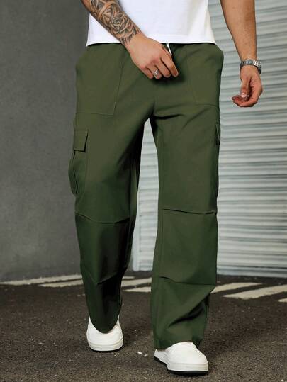 Manfinity Homme Pantalones casuales rectos y holgados de talla grande para hombres con bolsillos cargo de unicolor