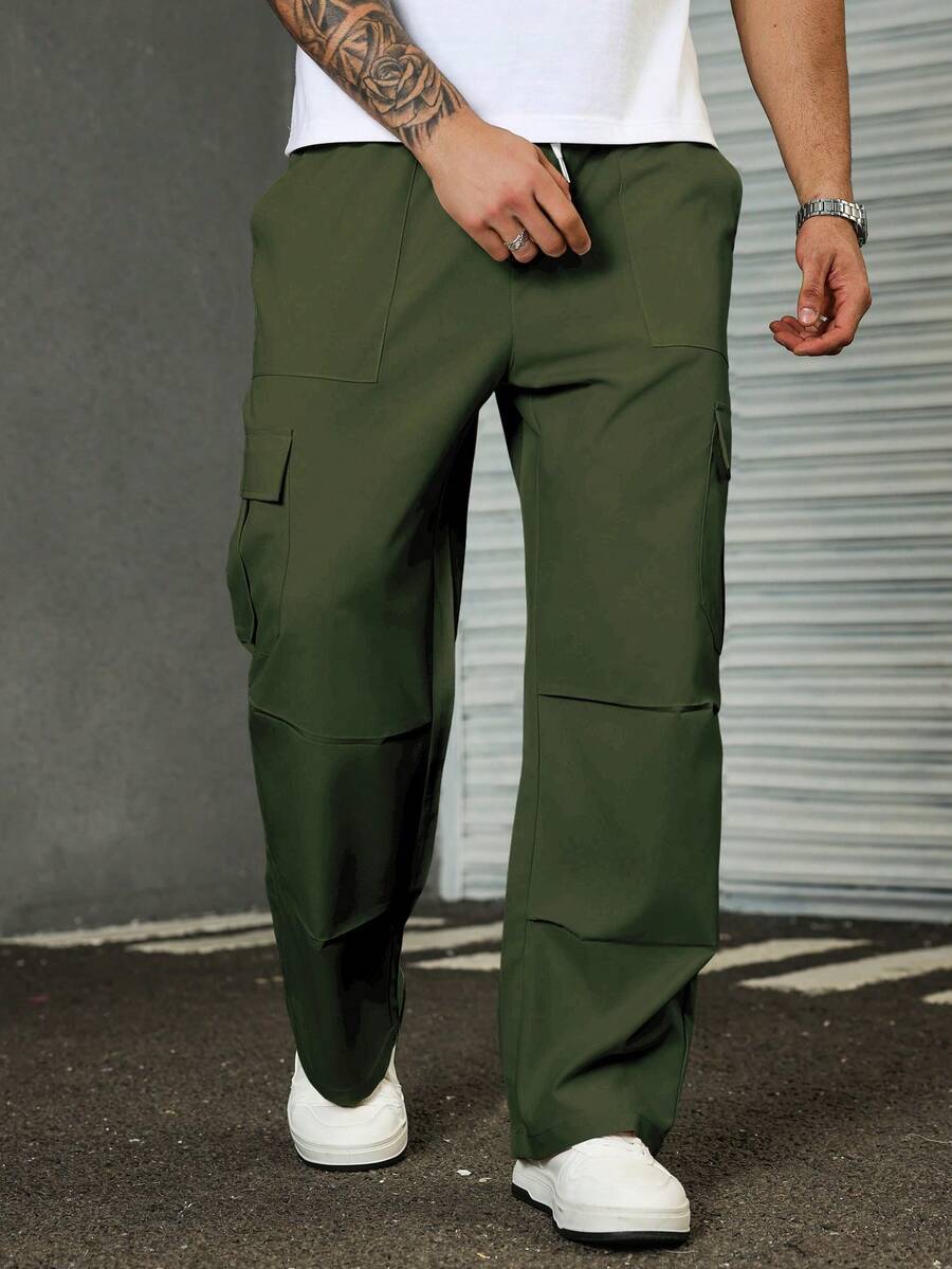 Manfinity Homme 加大码男士纯色工装口袋直筒宽松休闲裤 - 軍綠色 - 查看 1