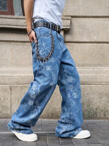 Manfinity EMRG 男士提花直筒喇叭牛仔裤 - 中等水洗藍 - 查看 7