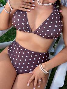 Swim Mod Bộ bikini hai mảnh cỡ lớn dành cho nữ, họa tiết chấm bi cà phê, đồ bơi hai mảnh, phong cách nghỉ dưỡng thường ngày. - Nhiều màu - Xem 4