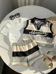 SHEIN 3件套男女通用婴儿黑白条纹套装，白色T恤，无袖背心和短裤，春夏男婴服装 - 黑與白 - 查看 4