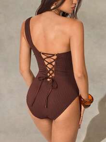 Shapewave 1pc Women's One-Piece Swimsuit With Tummy Control, Detachable Shoulder Strap, Textured Metal Buckle, Slim Fit, Brown - Brown - View 3