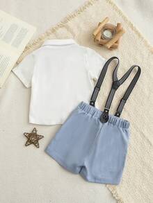 2pcs Baby Boy Gentleman Style Set,White Knit Collar Short Sleeve Shirt With Pocket & Bowknot,Elastic Waist Casual Bib Shorts,Elegant Summer Wedding - Multicolor - View 3