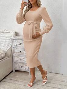 Cheriluna Maternity Maternity Knit Dress, Long Sleeve Solid Color Dress, Elastic Fabric, Autumn/Winter - Camel - View 5