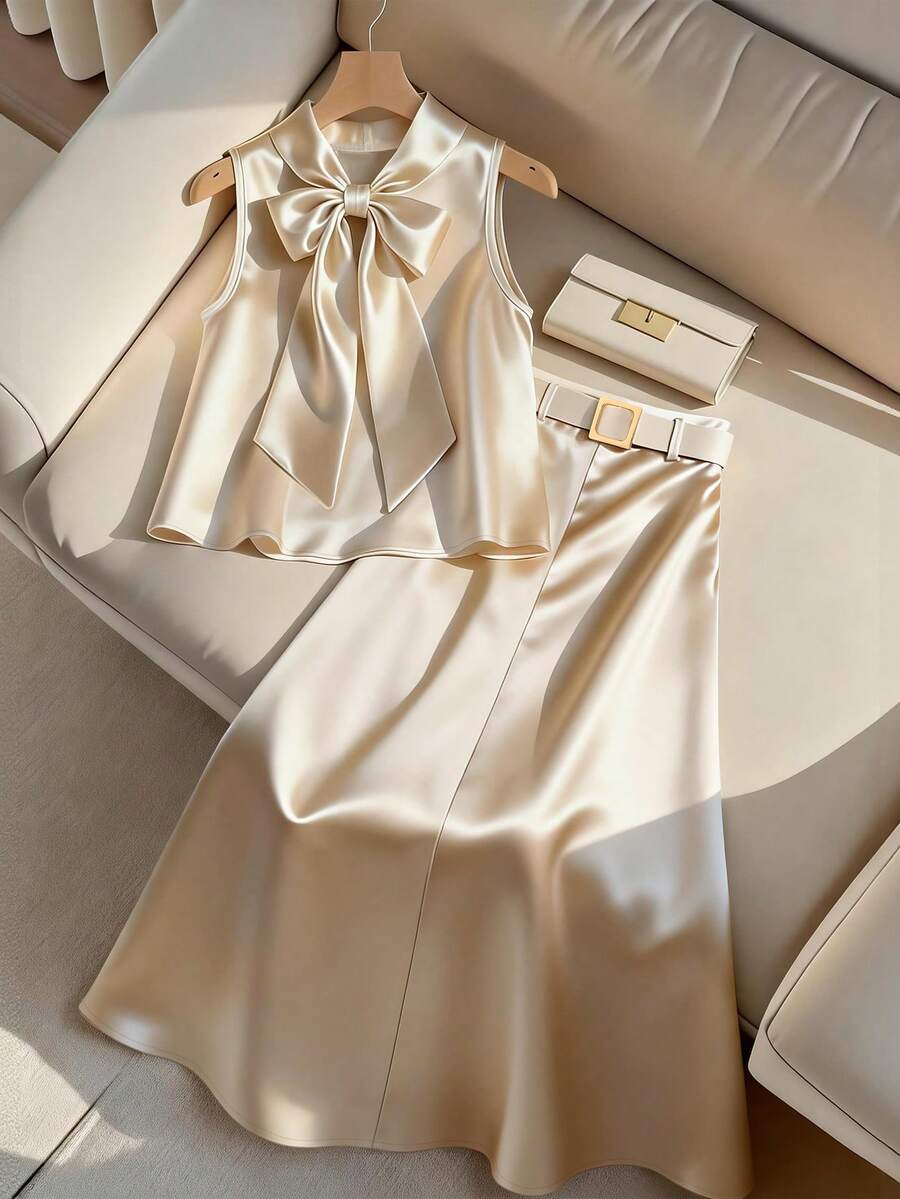 SHEIN Franclia 女士优雅纯色蝴蝶结领无袖上衣和半裙两件套，休闲奶油色两件套，优雅两件套，米色两件套，蝴蝶结服装，金色两件套。女士优雅纯色蝴蝶结领无袖上衣和半裙两件套，休闲奶油色两件套，优雅两件套，米色两件套，蝴蝶结服装，金色两件套。女士夏季服装，夏季度假服装，婚礼及活动，奢华晚礼服半裙，外出上衣，女士度假服装，奢华女士两件套，时尚女士服装，婚礼及活动，优雅女士连衣裙，情人节服装。 - 杏色 - 查看 1