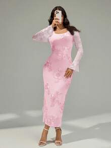 Modelyn 女士时尚优雅提花面料弹力中长连衣裙 - 淺粉色 - 查看 7