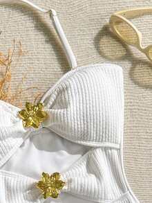 SHEIN Teen Girls Black 1pc Detachable Strap Hollow Starfish Accent Ruched One-Piece Swimsuit Summer,Beach - Apricot - View 4