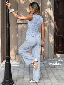 Chiquease French Vintage Women's Blue And White Stripe Sleeveless Co-Ord Set,Summer Smocked Peplum Top & Wide-Leg Pants,Casual Vacation Holiday Office Two Piece - Blue - View 2