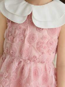 Glamorique Kids 女童甜美公主风粉色无袖连衣裙，饰有3D玫瑰刺绣，春夏款，多层领设计，适合生日派对和日常穿着。 - 粉色 - 查看 5