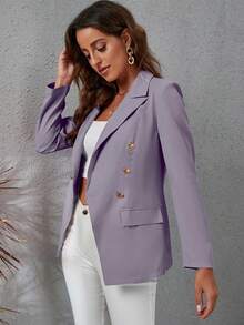 EMERY ROSE 休闲通勤纯色双排扣西装外套 女士夏季西装外套 紫色外套 女士西装外套 - 淺灰紫 - 查看 6
